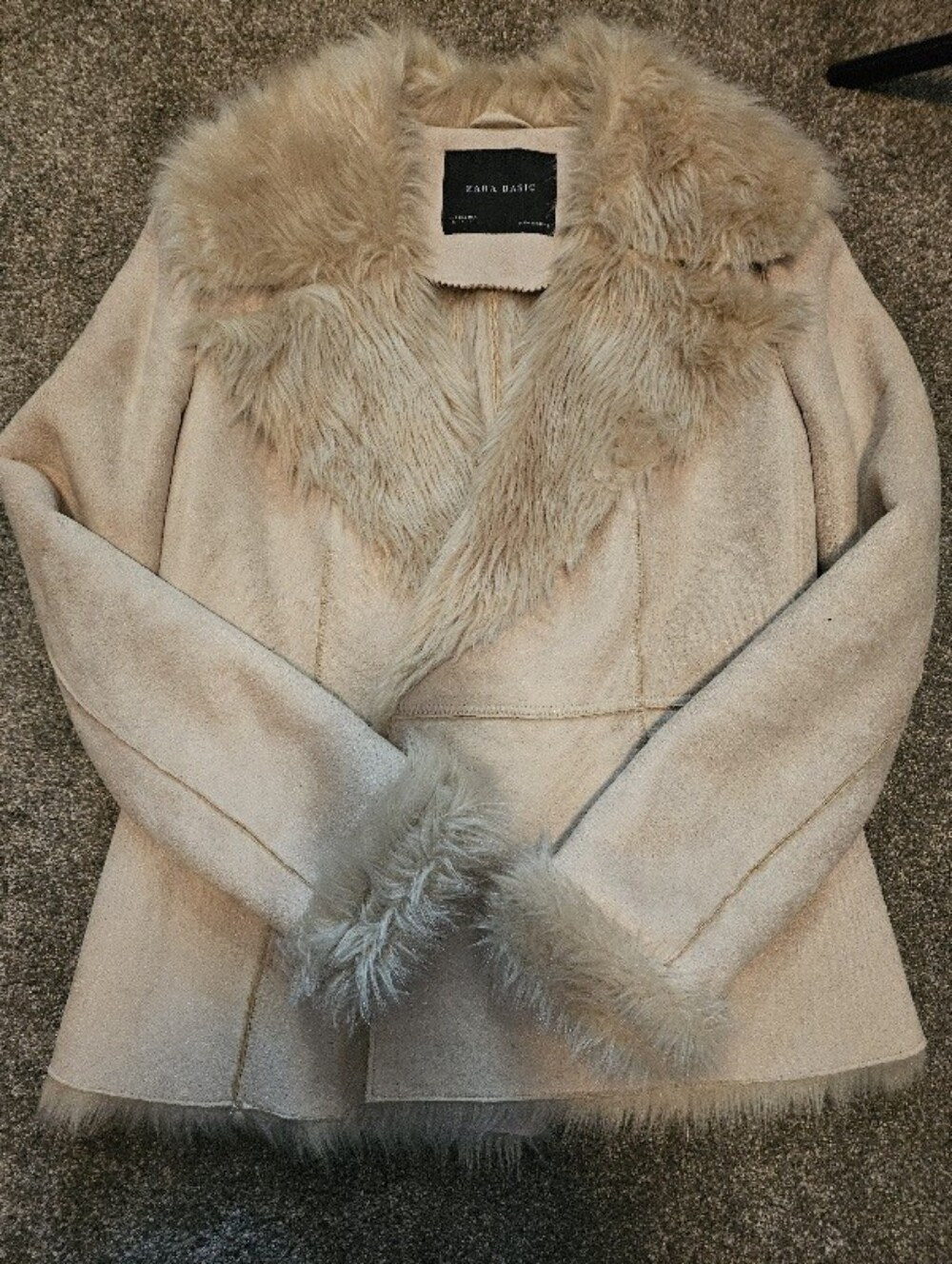 Zara Beige Faux Shearling Jacket with Fur Trim